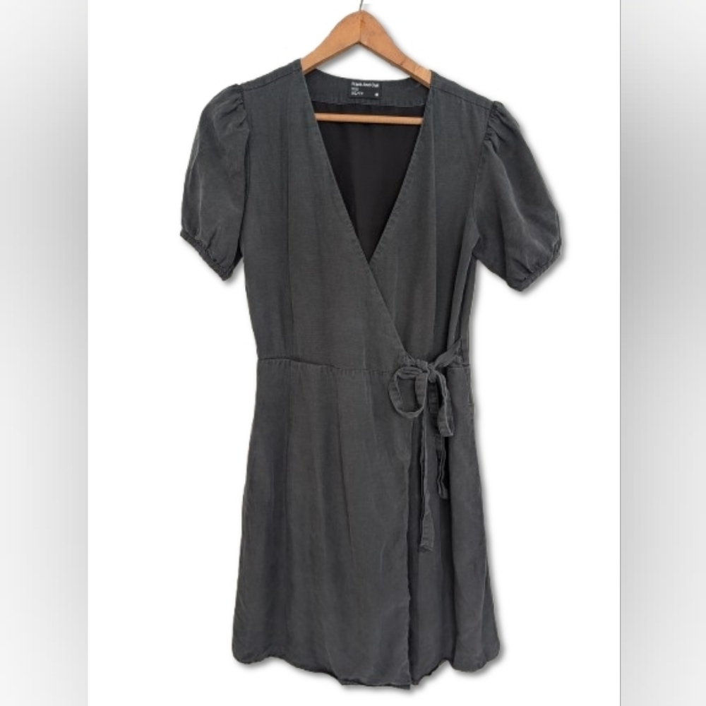 Frank & Oak Tencel Linen Wrap Dress Grey Puff Sleeve Mini Size XS